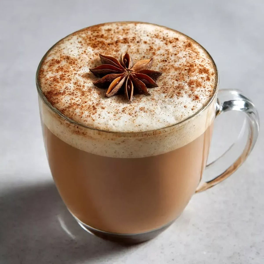 Chai latte caliente con proteína Buena Vibra, canela y anís estrellado